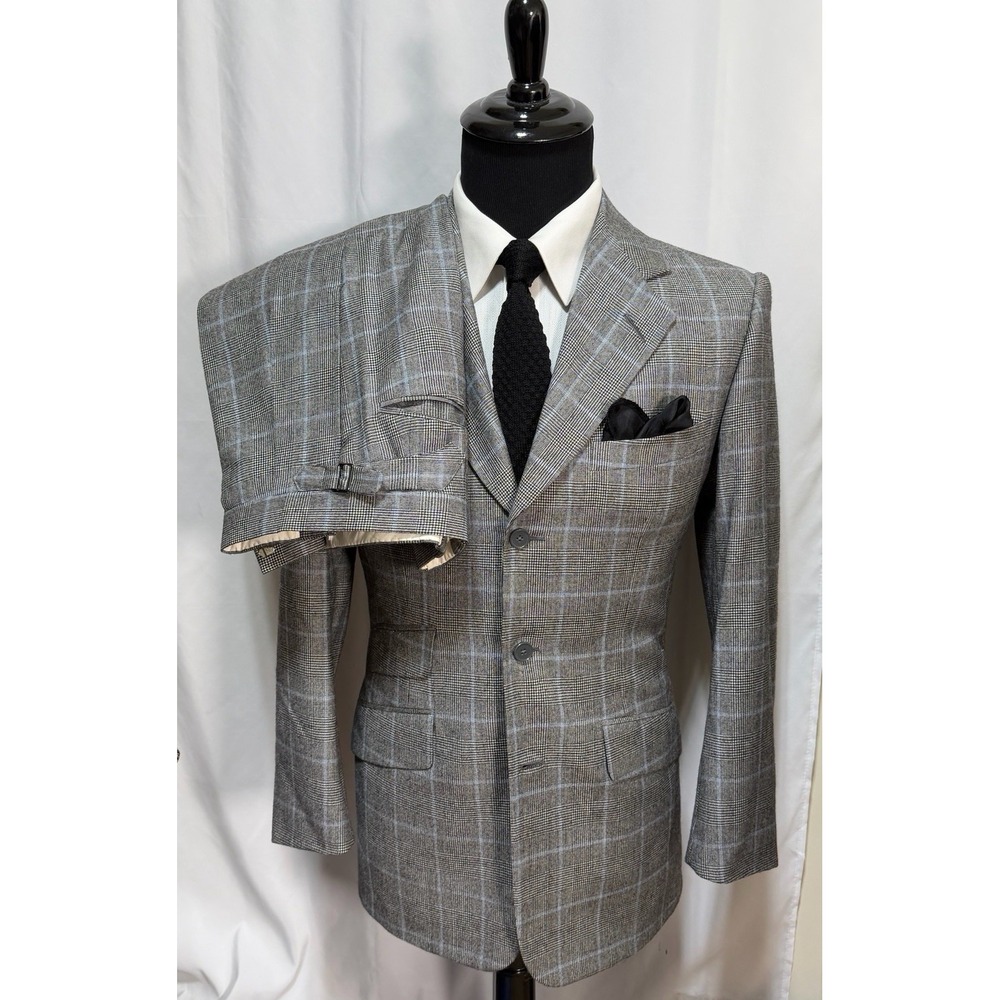 Alan Flusser Bespoke Custom Suit Mens 38S 30x29 Glen Plaid Pleated Cuffed USA